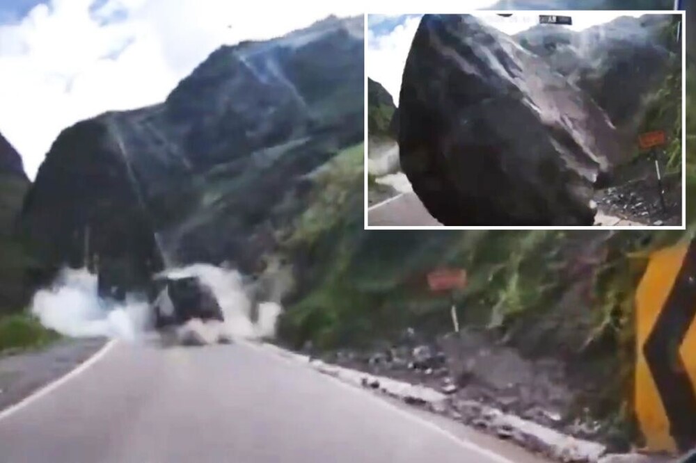 Каменный «боулинг»: гигантские валуны расплющили два грузовика в Перу