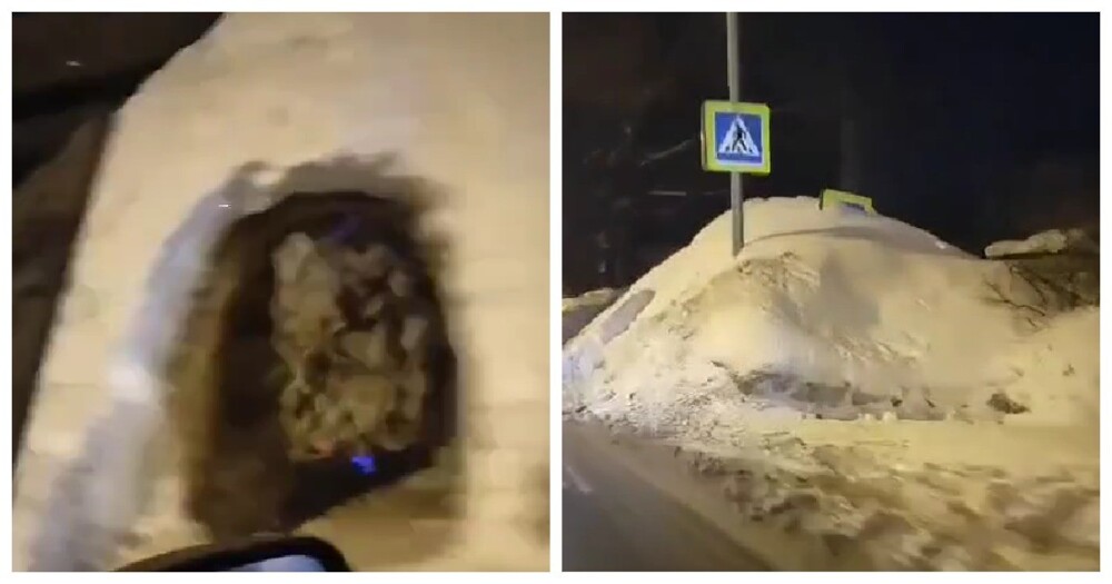 В Подмосковье, вместо уборки снега, прорыли для пешеходов тоннель в сугробе