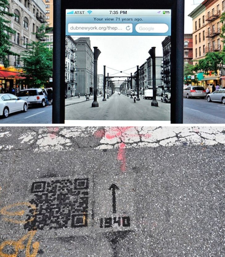 3. QR-код на асфальте дает представление об улицах Нью-Йорка сороковых годов