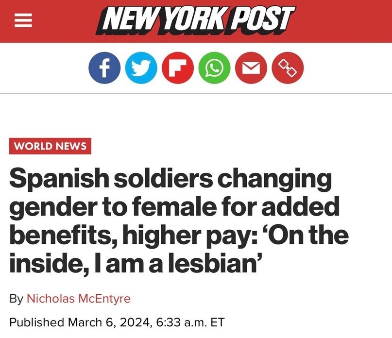 Испанские военнослужащие «меняют свой пол» с мужского на женский, чтобы получить льготы, доступные только женщинам, включая более высокую зарплату