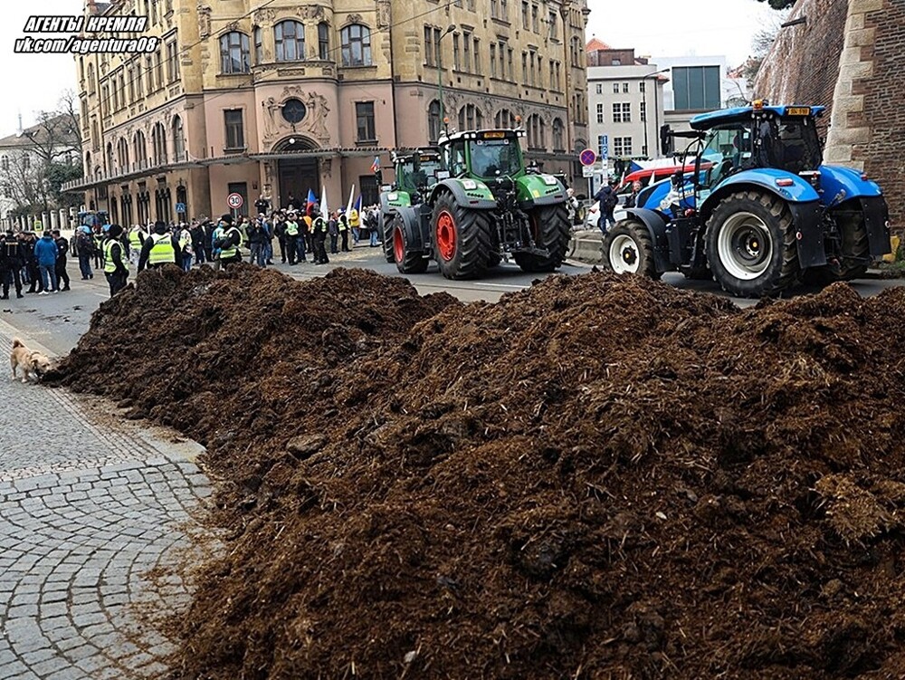 Когда "цветущий европейский сад" Бореля по весне удобряют Чешские фермеры в Праге высыпали навоз прямо на улице города! 