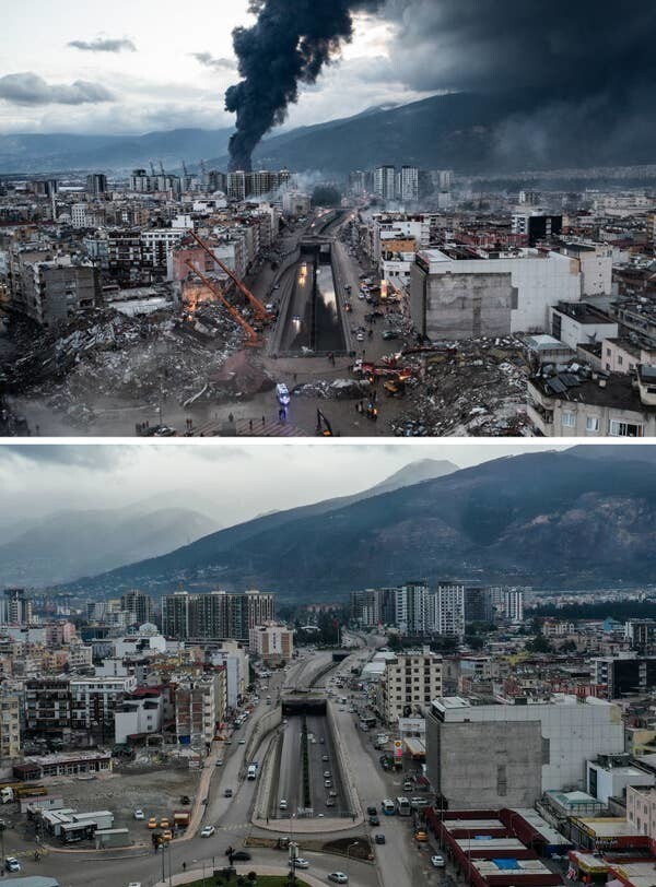 20. Искендерун, Турция, 5 февраля 2023 года после землетрясения магнитудой 7,8 и год спустя