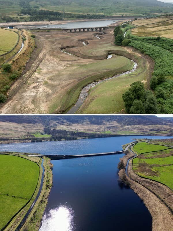 10. Водохранилище в Глоссопе, Англия, в 2022 году (во время засухи) и то же водохранилище в 2023 году после сильного дождя