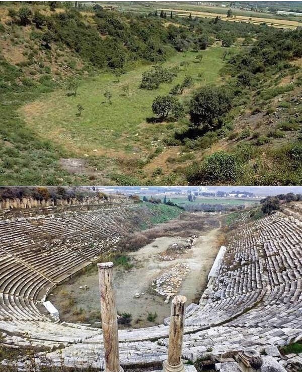 6. Древнегреческий стадион до и после того, как его раскопали археологи