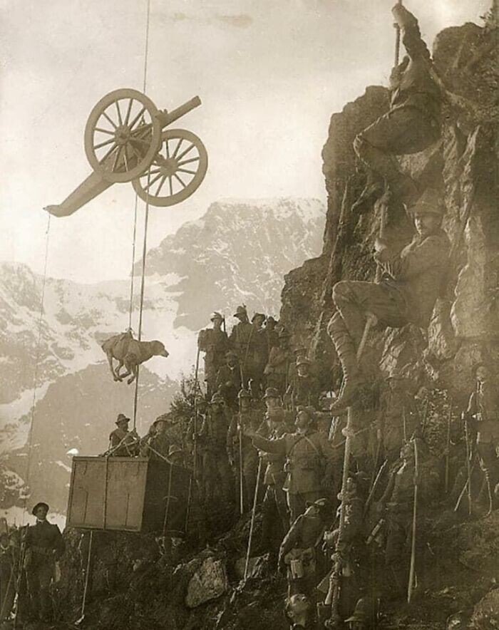 13. Итальянские войска поднимают на гору пушку, собаку и солдата. Итальянские Альпы, Первая мировая война, 1915 год