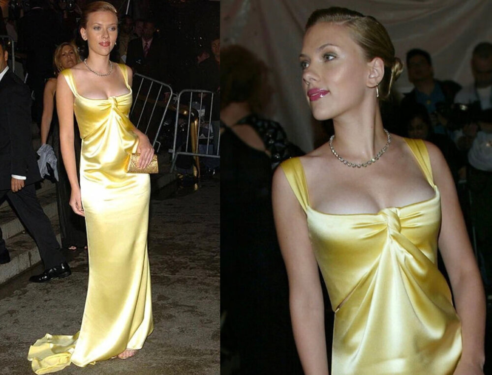 Желтое платье от Calvin Klein на Скарлет Йохансен , которое она выбрала на Мет Гала 2004 году 