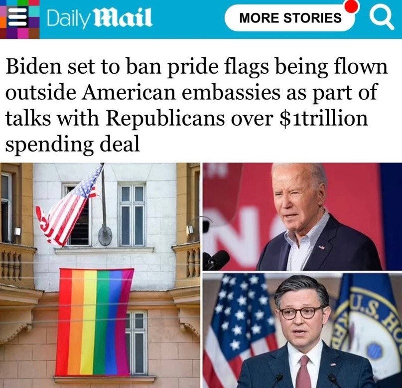 Джо Байден собирается в рамках сделки с республиканцами отменить вывешивание флага ЛГБТ на американских посольствах по всему миру. Республиканцы в восторге, наверное