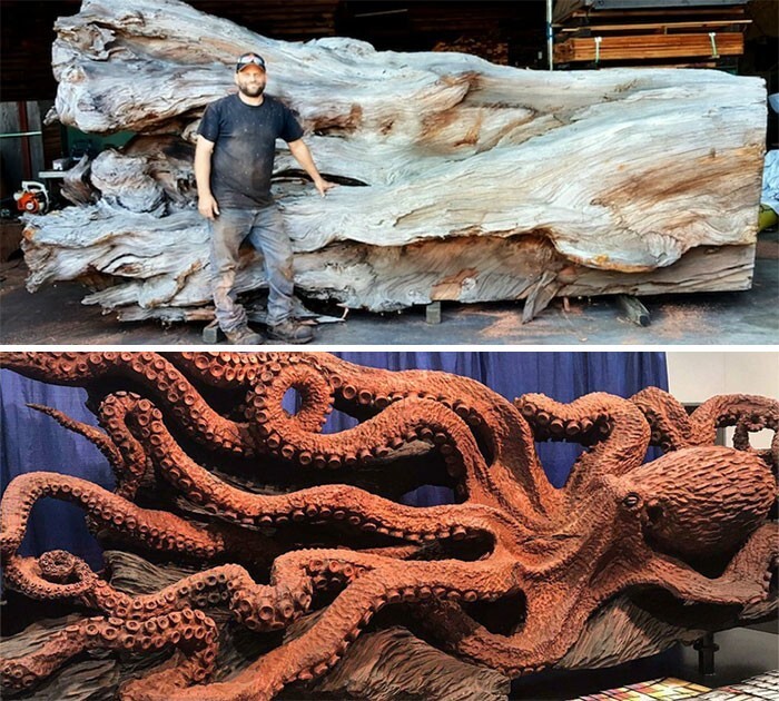 8. Мастер резьбы по дереву бензопилой Джеффри Майкл Самудоски создал скульптуру осьминога из мертвой секвойи. Потрясающе!