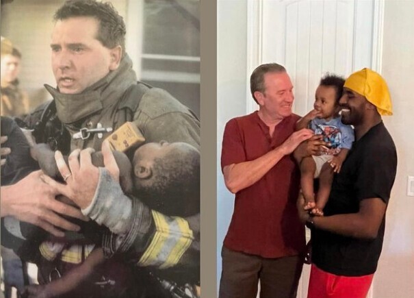 2. "Когда мне было 2 года, наш дом загорелся и я не мог выбраться и потерял сознание. Этот пожарный, Джефф Оус, спас меня и вернул к жизни. 23 года спустя он встретился со мной и моим 2-летним сыном"
