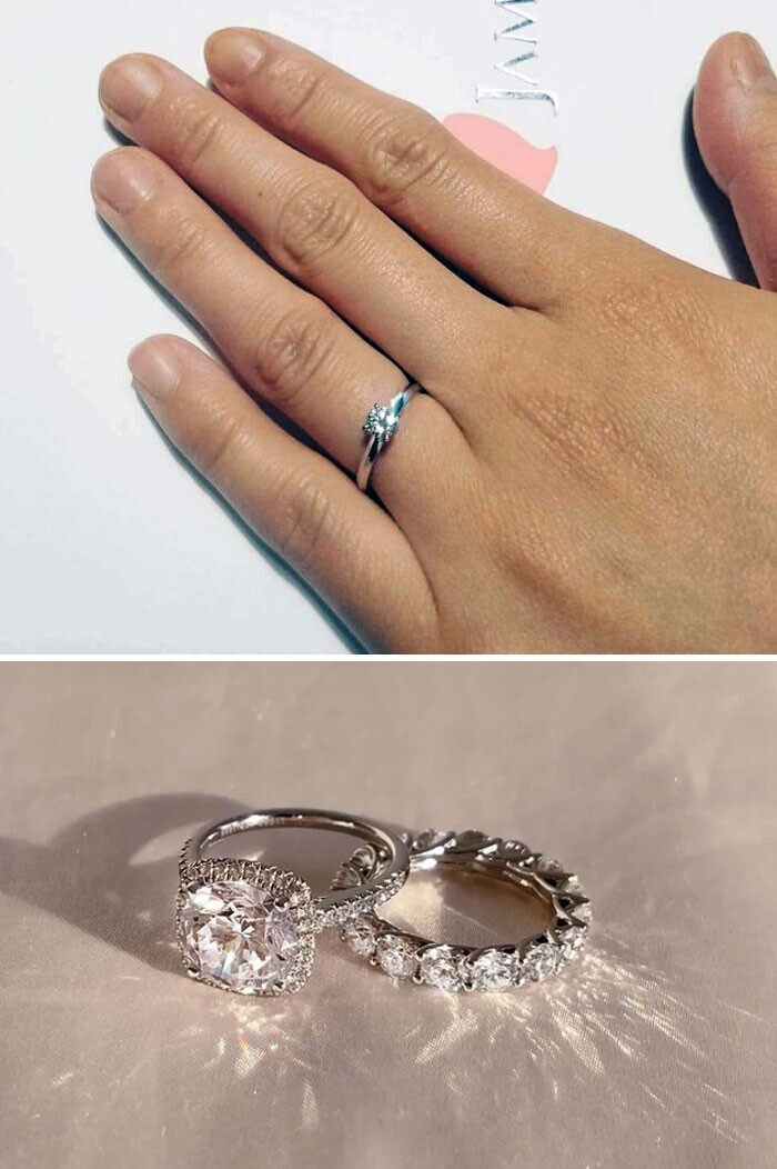 5. "Сделал жене предложение 7 лет с этим недорогим кольцом с маленьким камушком. Ниже - два кольца с бриллиантами, которые подарил ей недавно. Но она попросила их вернуть в магазин"