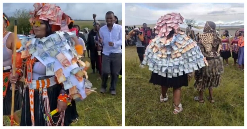 Женщина вышла замуж в наряде из денег