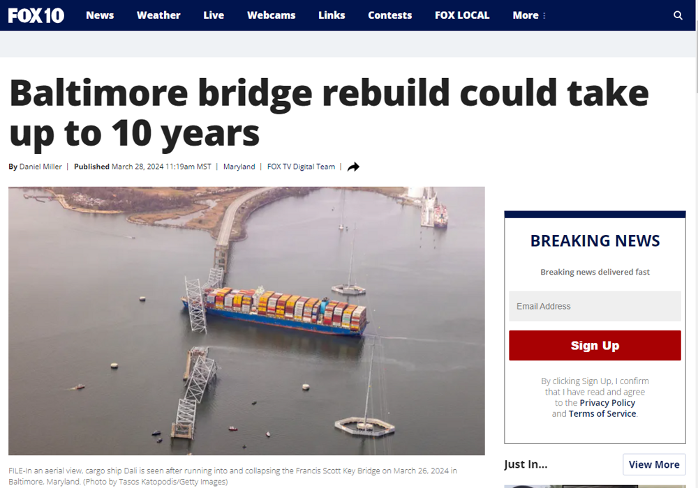 Стало известно сколько времени потребуется на восстановление Балтиморского моста