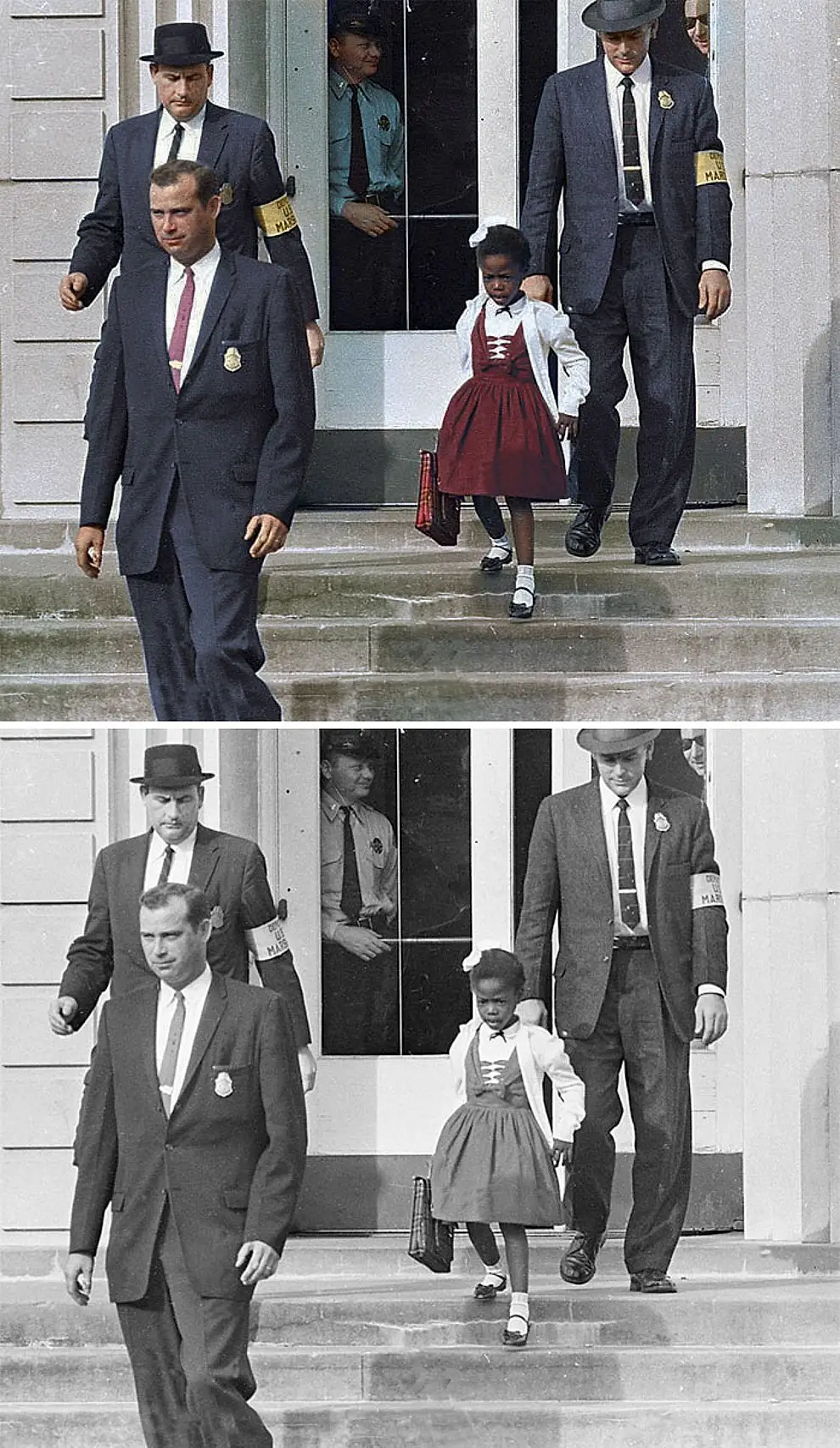 4. Руби Бриджес в сопровождении маршалов США во время посещения школы для белых, 1960 год