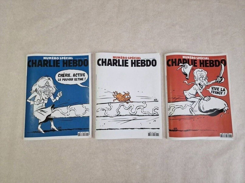 Французский журнал Charlie Hebdo выпустил журнальный триптих в виде флага с актуальными для Франции темами