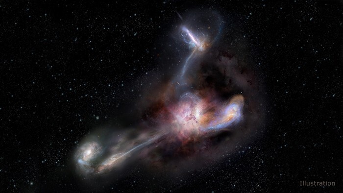 3. W2246-0526 - галактика с самой большой светимостью, которая "поглощает" как минимум три галактики меньшего размера