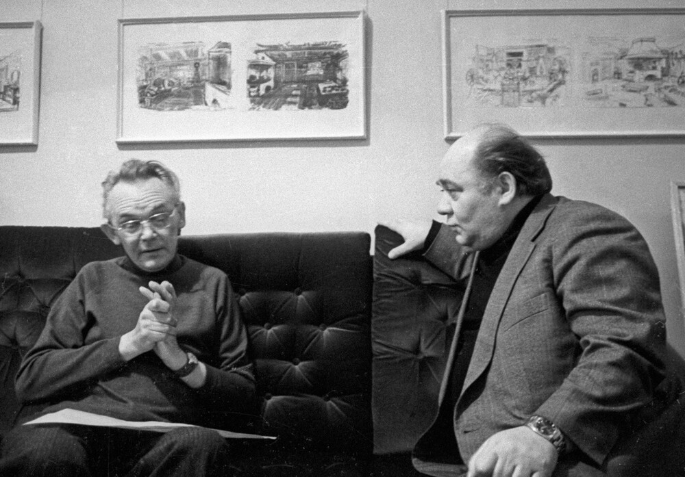Леонид Гайдай и Евгений Леонов работают над фильмом «За спичками», 1979 год