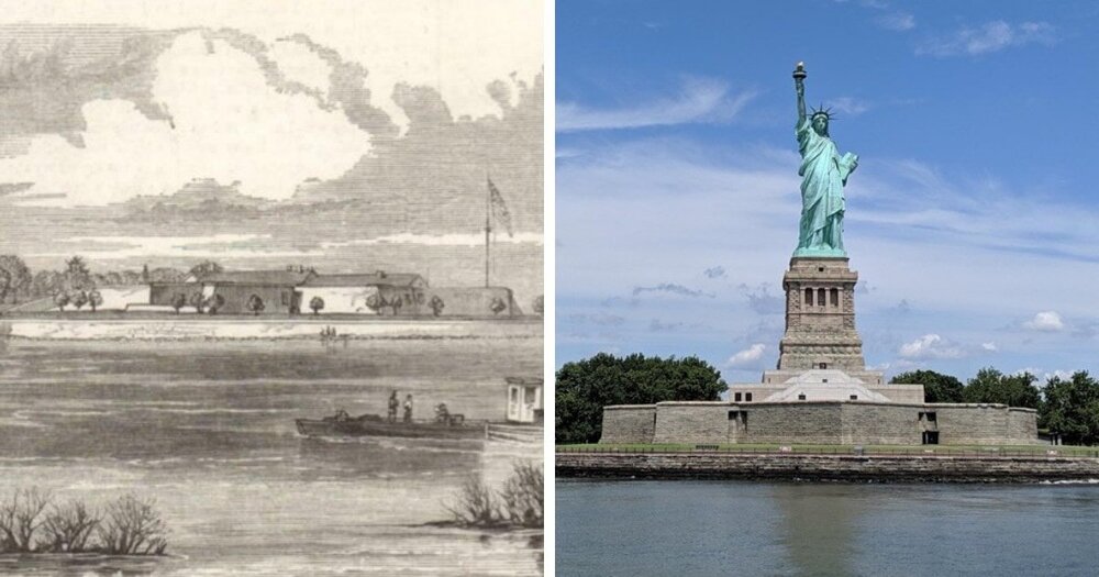 3. Остров Свободы (тогда остров Бедлоус) в Нью-Йорке до и после строительства статуи Свободы
