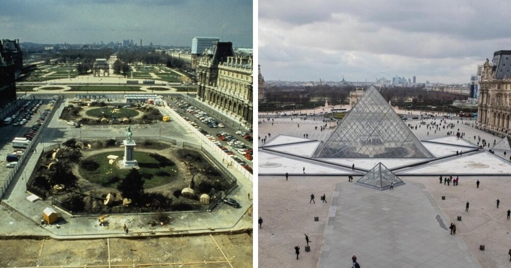 1. Музей Лувра в Париже до и после строительства пирамиды Лувра во дворе Наполеона