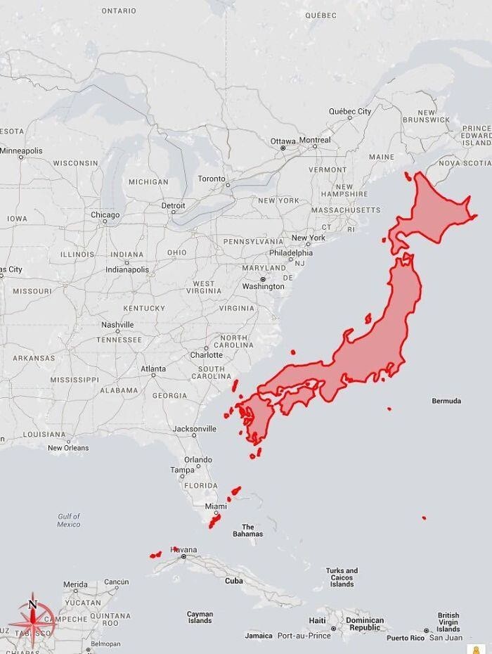 16. Размер Японии по сравнению с США