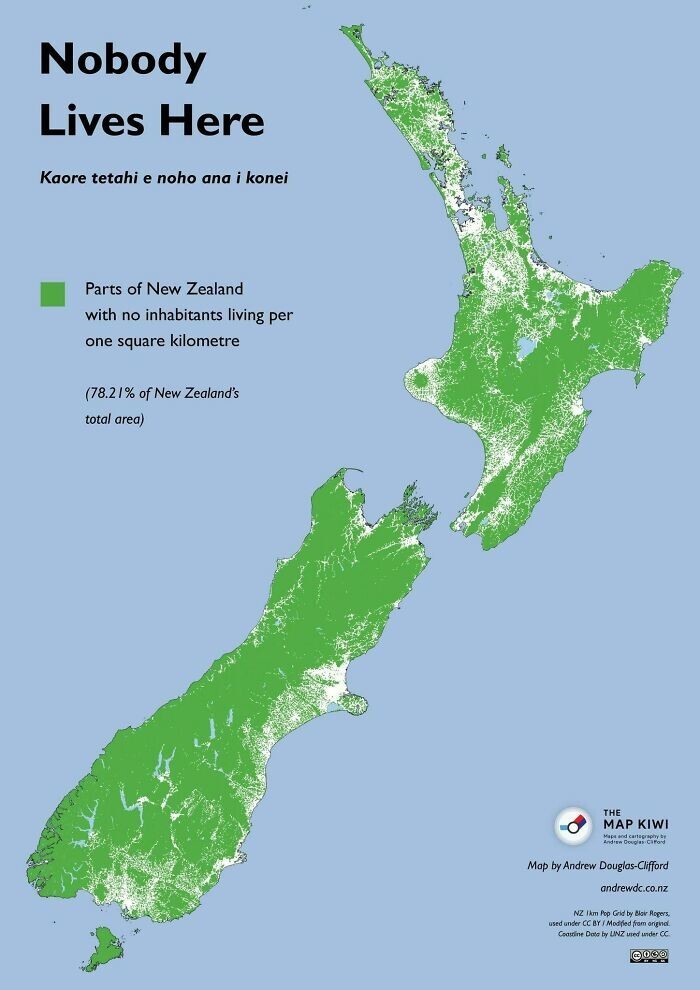 14. На отмеченной зеленым цветом территории Новой Зеландии никто не живет (это 78,21% всей территории Новой Зеландии)