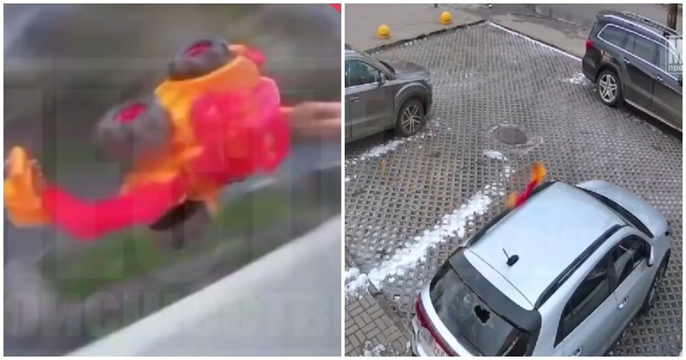 Школьники решили снять весёлое видео и сбросили на автомобиль игрушечный трактор