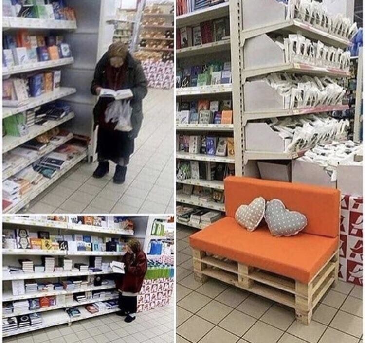 11. Эта бабушка ходит в магазин за книгами уже 15 лет. Владельцы поставили этот специальный диван так, чтобы ей было удобно