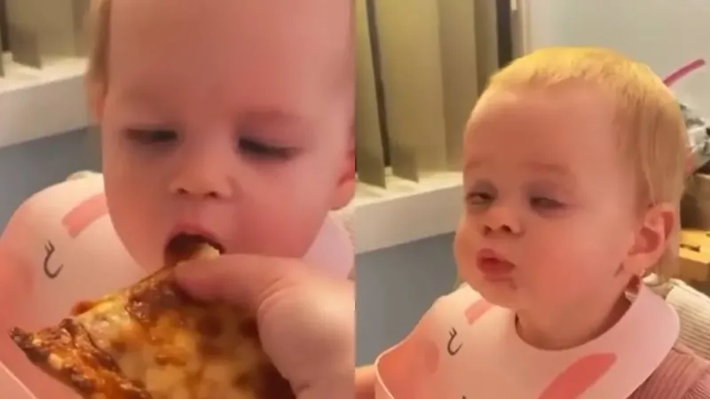 Забавная реакция ребёнка на пиццу