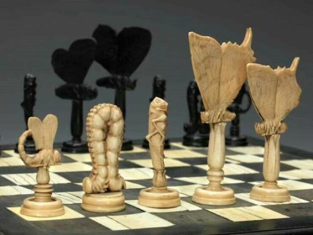 28. Шахматные фигуры из слоновой кости и черного дерева в форме насекомых. Италия, 1790 год