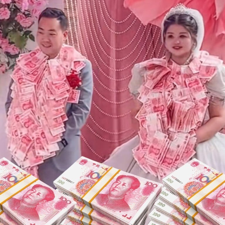 Сюрприз от восьми сестёр: молодоженов на свадьбе обвешали денежными купюрами
