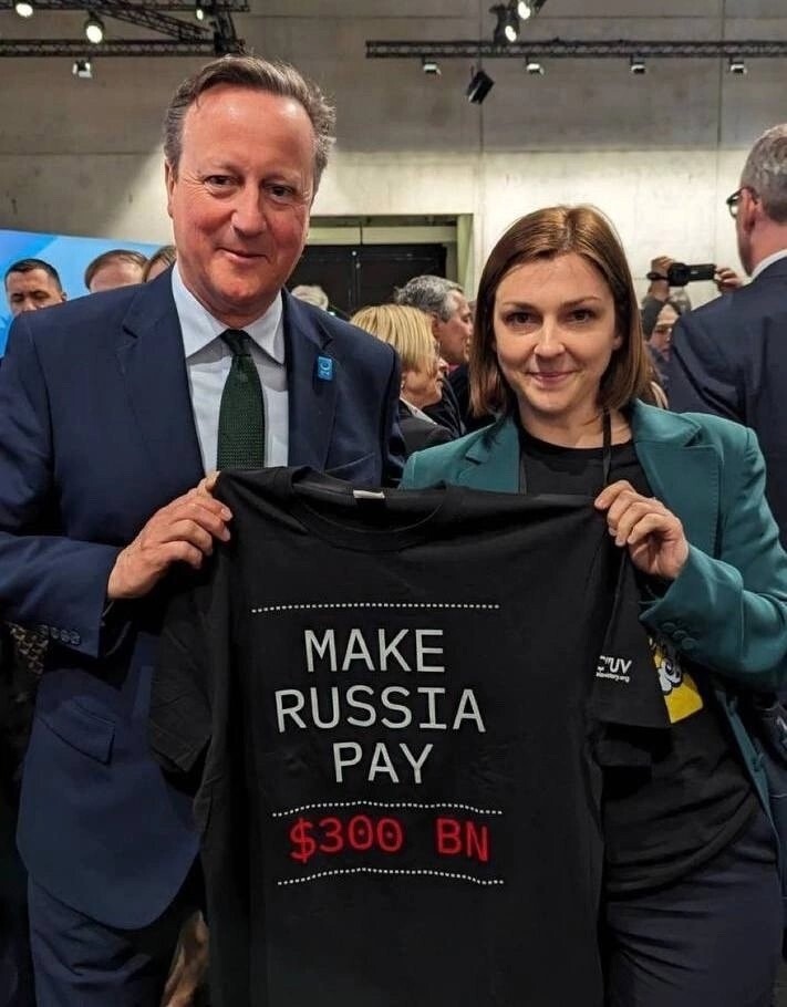 «Глава МИД Великобритании Дэвид Кэмерон – на «конференции по восстановлению Украины» с футболкой «Заставь Россию заплатить 300 млрд долларов». Заставлялка не отсохнет?