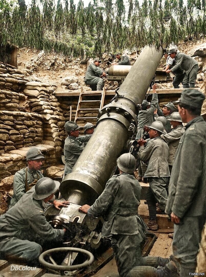 Итальянская 400-мм мортира на позиции, Первая мировая, Изонцо, 1918 год