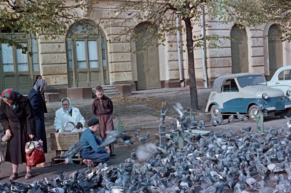Кормление голубей на площади Свердлова (ныне - Театральная площадь).