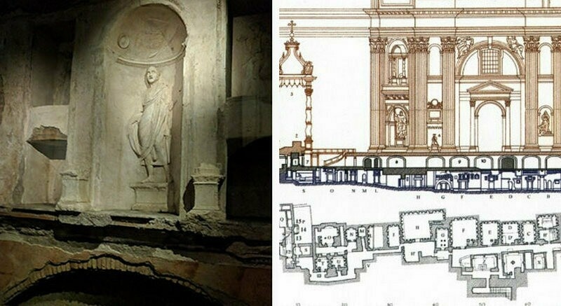 Под базиликой есть некрополь древнеримских мавзолеев, который похоронен под 10-метровым слоем земли