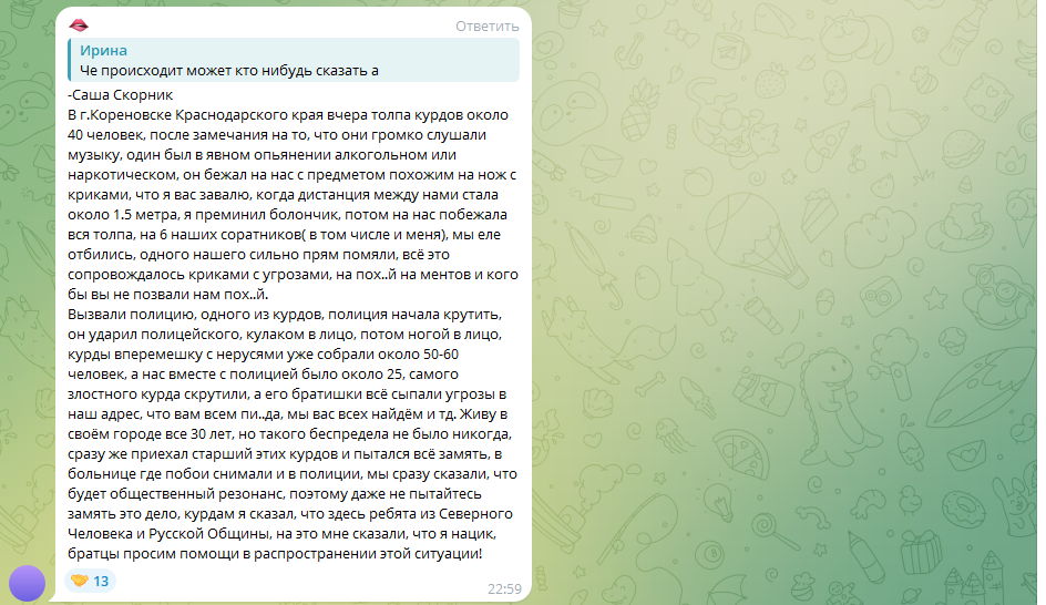 "Один за всех!": в Кореновске толпа русских вышла на разборки против курдов, избивших местного жителя