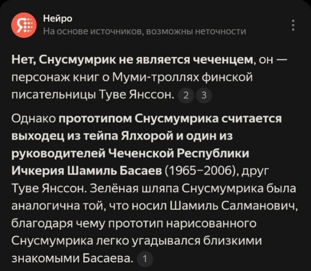 Российская нейросеть назвала террориста Шамиля Басаева прототипом Снусмумрика