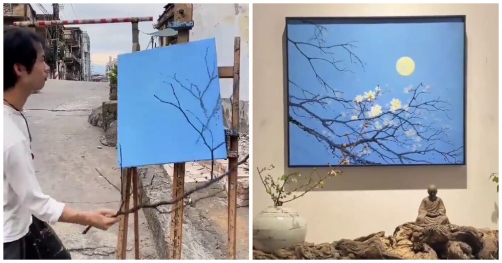 Художник создает картины при помощи веток 