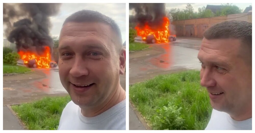 Жизнерадостный оренбуржец записал видео на фоне своей горящей машины
