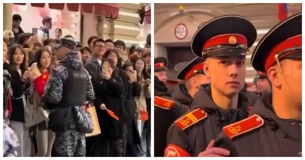 Китаянки выстраиваются в очереди, чтобы сфоткаться с российскими парнями в военной форме