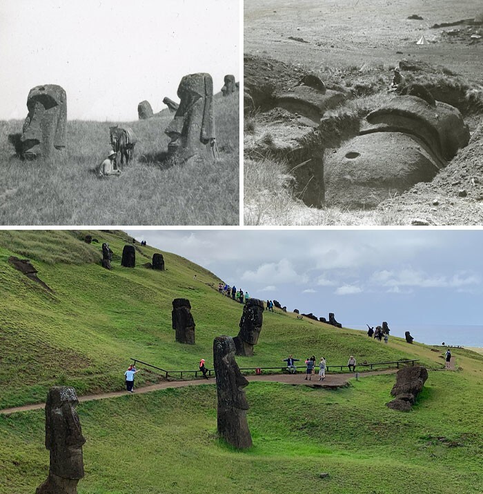 9. Статуи моаи в Рано-Рараку, остров Пасхи, 1914 против 2019