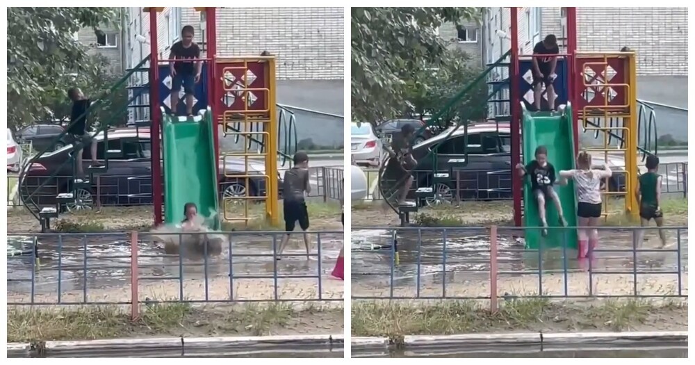 В Тюмени после ливней детская площадка превратилась в аквапарк