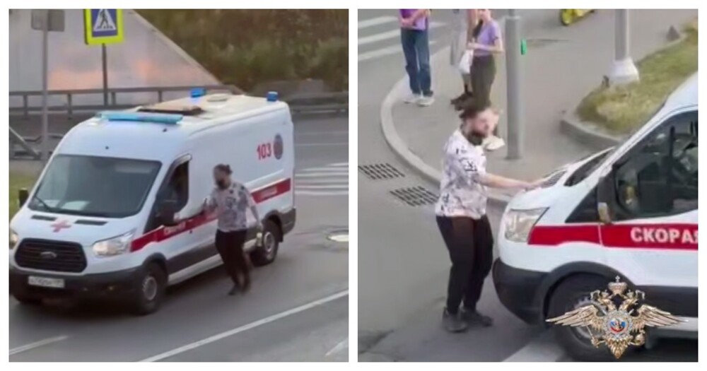 Парень напал на машину скорой помощи на дороге