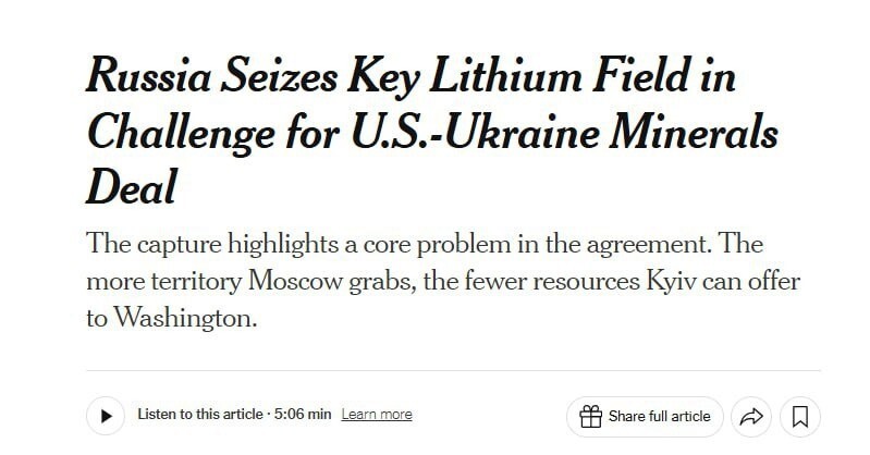 Продвижение армии РФ лишает Украину месторождений редкоземельных металлов, которые та предлагала США в рамках ресурсной сделки, пишет The New York Times