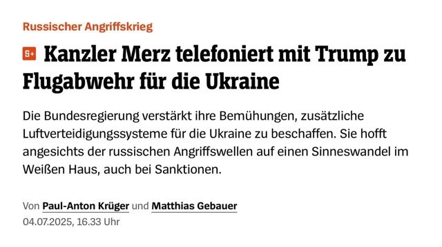 Канцлер Германии Фридрих Мерц и Дональд Трамп в четверг обсудили по телефону вопросы усиления ПВО Украины, сообщает Der Spiegel со ссылкой на источники в правительстве ФРГ