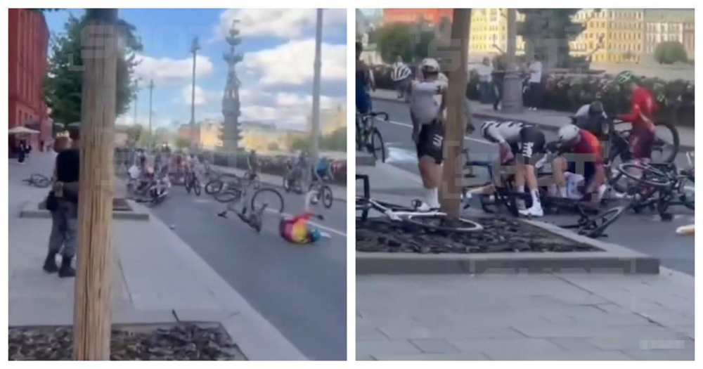 Массовый завал велосипедистов в Москве попал на видео