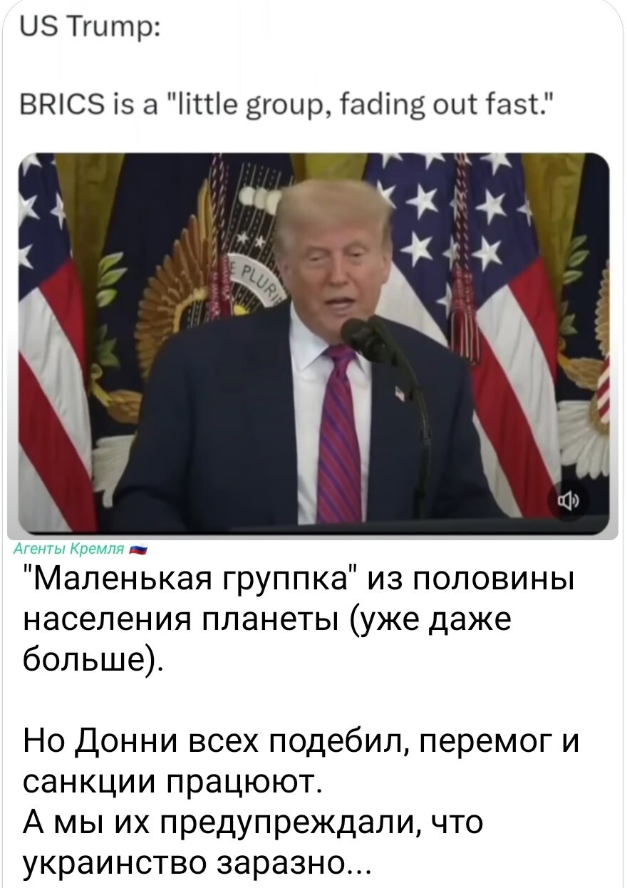 БРИКС - это "маленькая группа, которая быстро угасает", - сказал Трамп. Вроде бизнесмен, а несёт такую пургу!