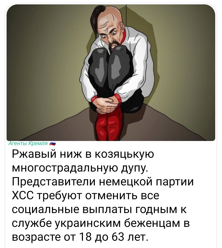 В Германии представитель партии ХСС Штефан Майер заявил, что более 150 тысяч украинцев призывного возраста (от 18 до 63 лет) должны перестать получать пособия. Они должны либо работать, либо воевать на Украине, пояснил он