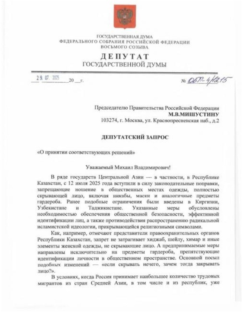 Депутаты предложили рассмотреть запрет на одежду, скрывающую лицо