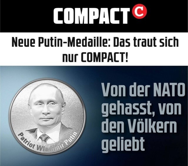 «Ненавидимый НАТО, любимый народами»: Немецкий оппозиционный журнал Compact выпустил серебряную монету «Патриот Путин»