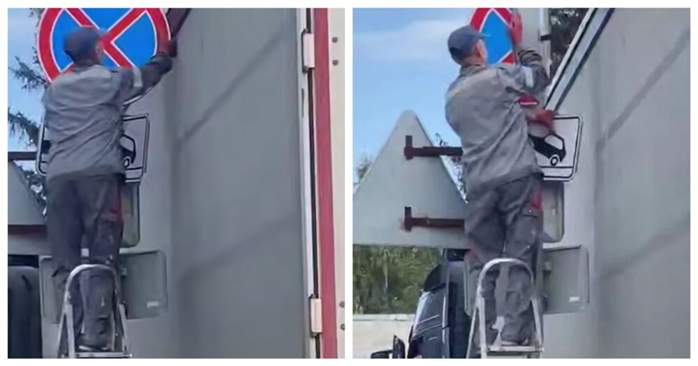 Мужчина погнул дорожные знаки, мешавшие проезду грузовика