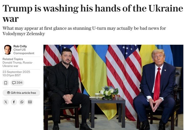 «Плохая новость для Зеленского». Издание The Telegraph негативно оценивает вчерашнее заявление президента США, где он сказал, что Европа поможет Украине вернуть свои территории, а Россию назвал «бумажным тигром»